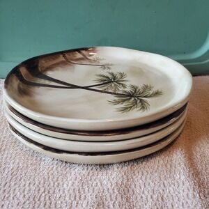 Tabletops Unlimited Bahamas Hand Painted Palm Tree Dinner Plates Set of 4 11in